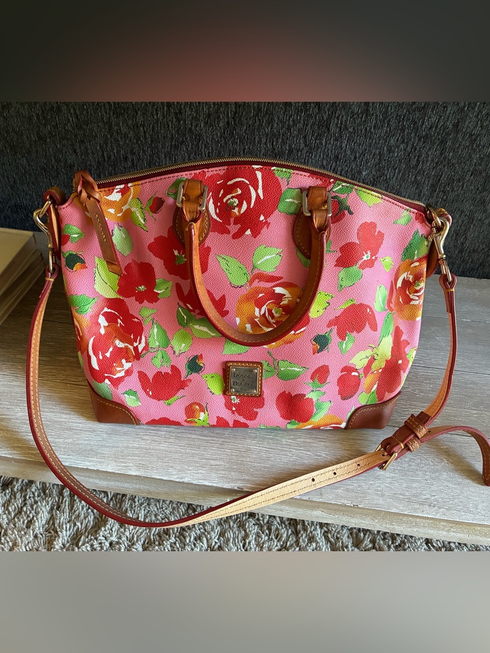 Dooney & Bourke Pink Floral Satchel with Brown Leather Trim and Detachable Strap